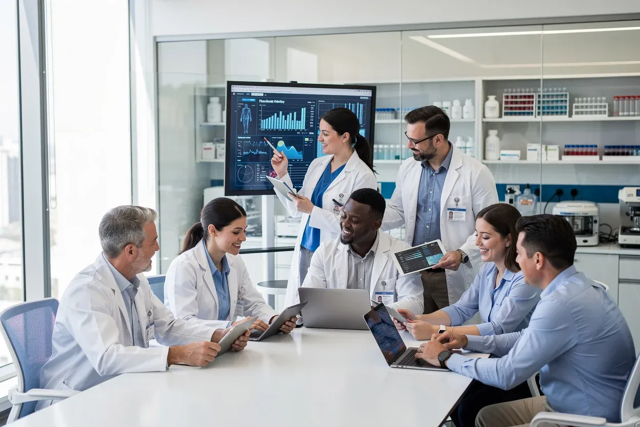 Healthcare researchers discussing medical data in a bright modern laboratory